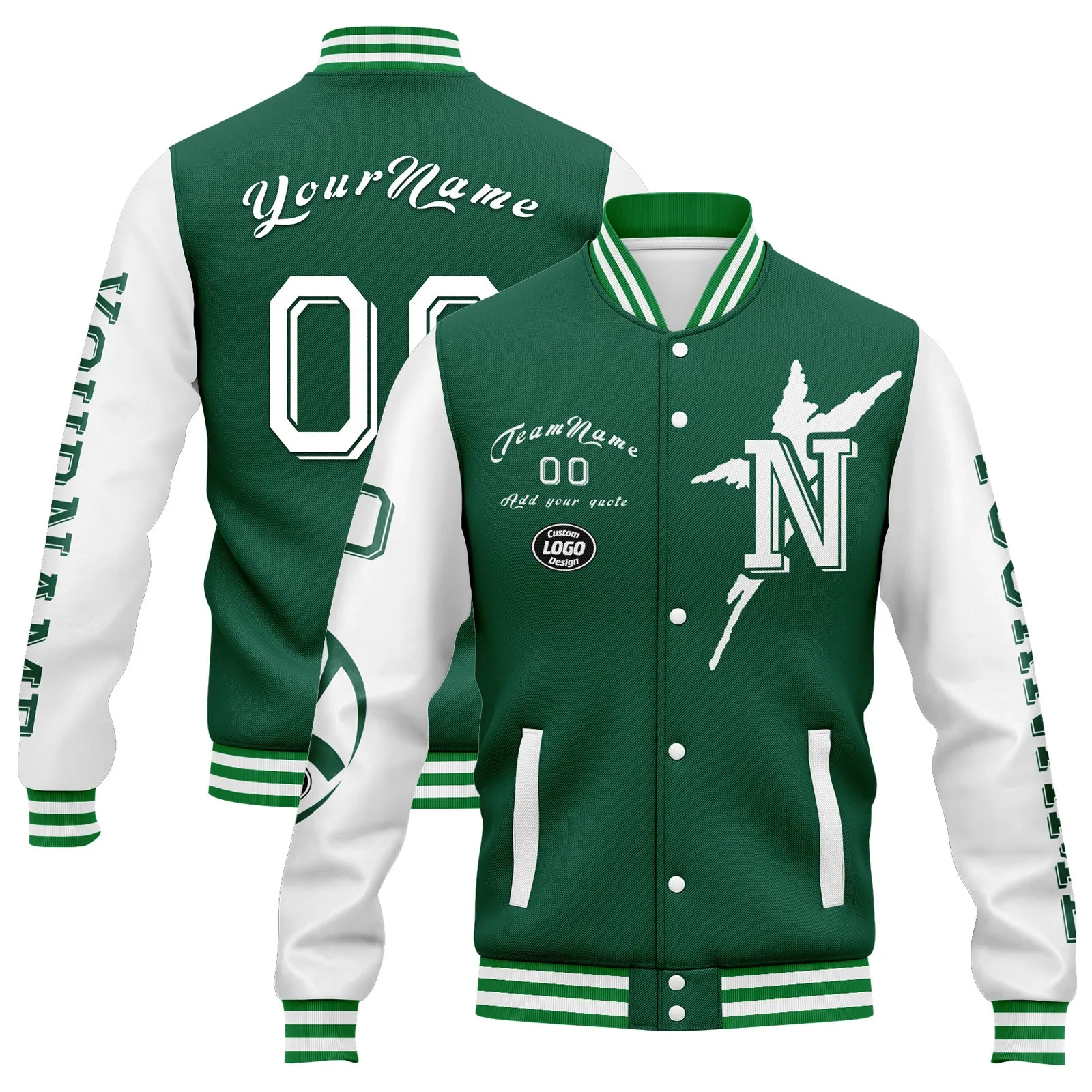 Custom Green White New York Jacket Bomber Full-Snap Varsity Letterman Personalized Jacket FZ005SX-D020290-28