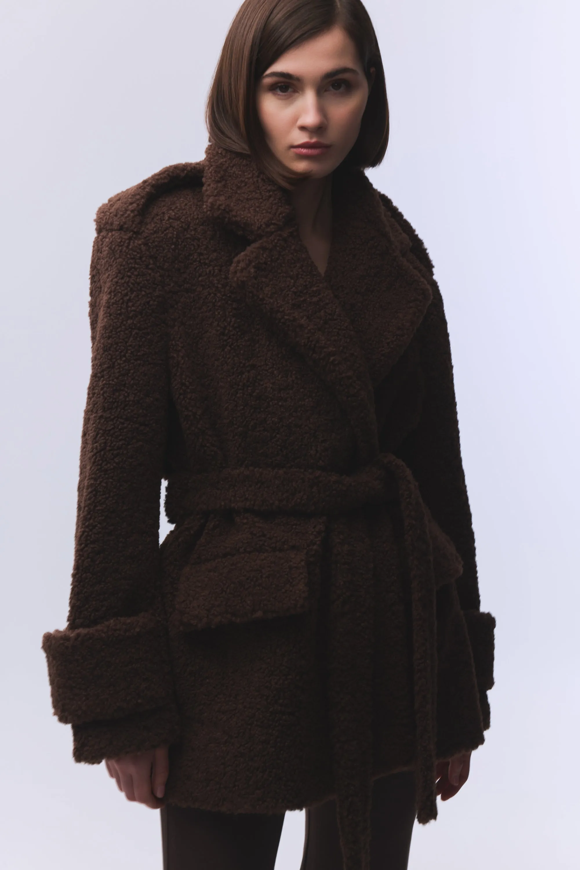 DARK BROWN TEDDY BELT-DETAILED COAT