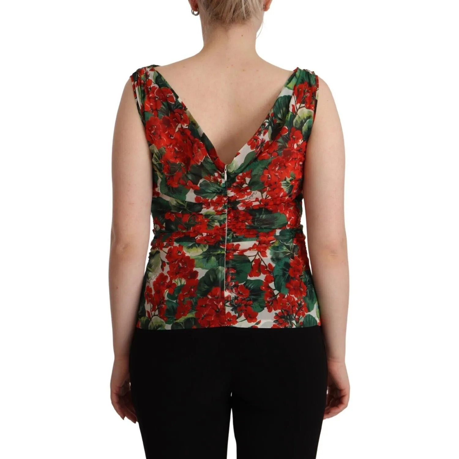 Dolce & Gabbana Elegant V-Neck Geranium Print Silk Tank Top