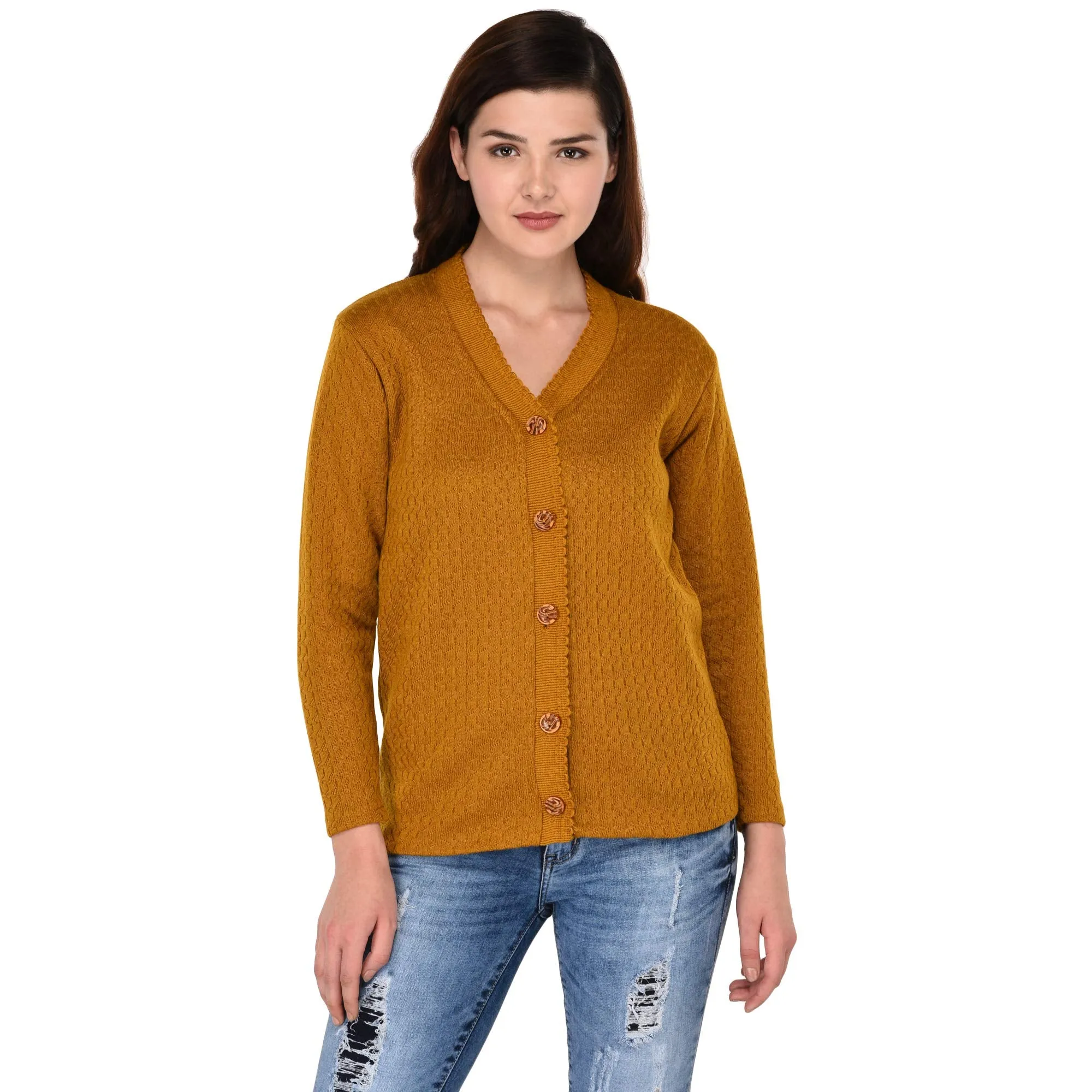 eWools Women Ladies Girls Winter Wear Woolen V-Neck Button Top Sweaters Cardigans (Honey Cardigans) (Medium, Mustard)