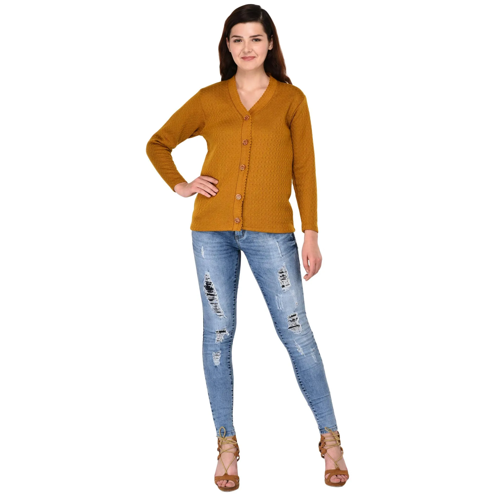 eWools Women Ladies Girls Winter Wear Woolen V-Neck Button Top Sweaters Cardigans (Honey Cardigans) (Medium, Mustard)