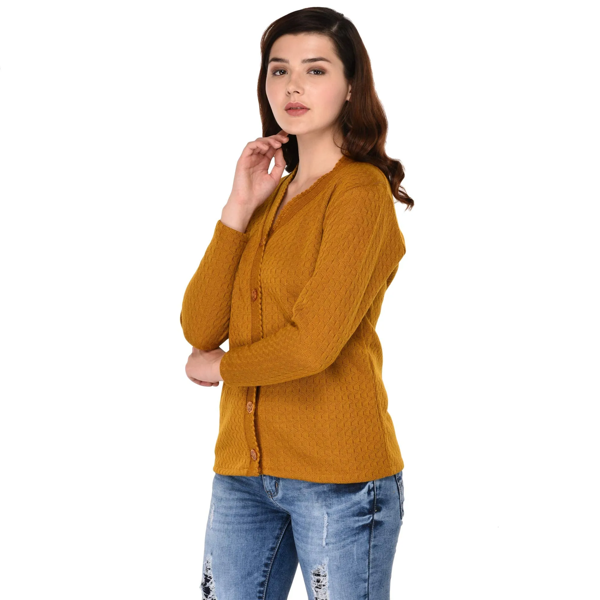 eWools Women Ladies Girls Winter Wear Woolen V-Neck Button Top Sweaters Cardigans (Honey Cardigans) (Medium, Mustard)