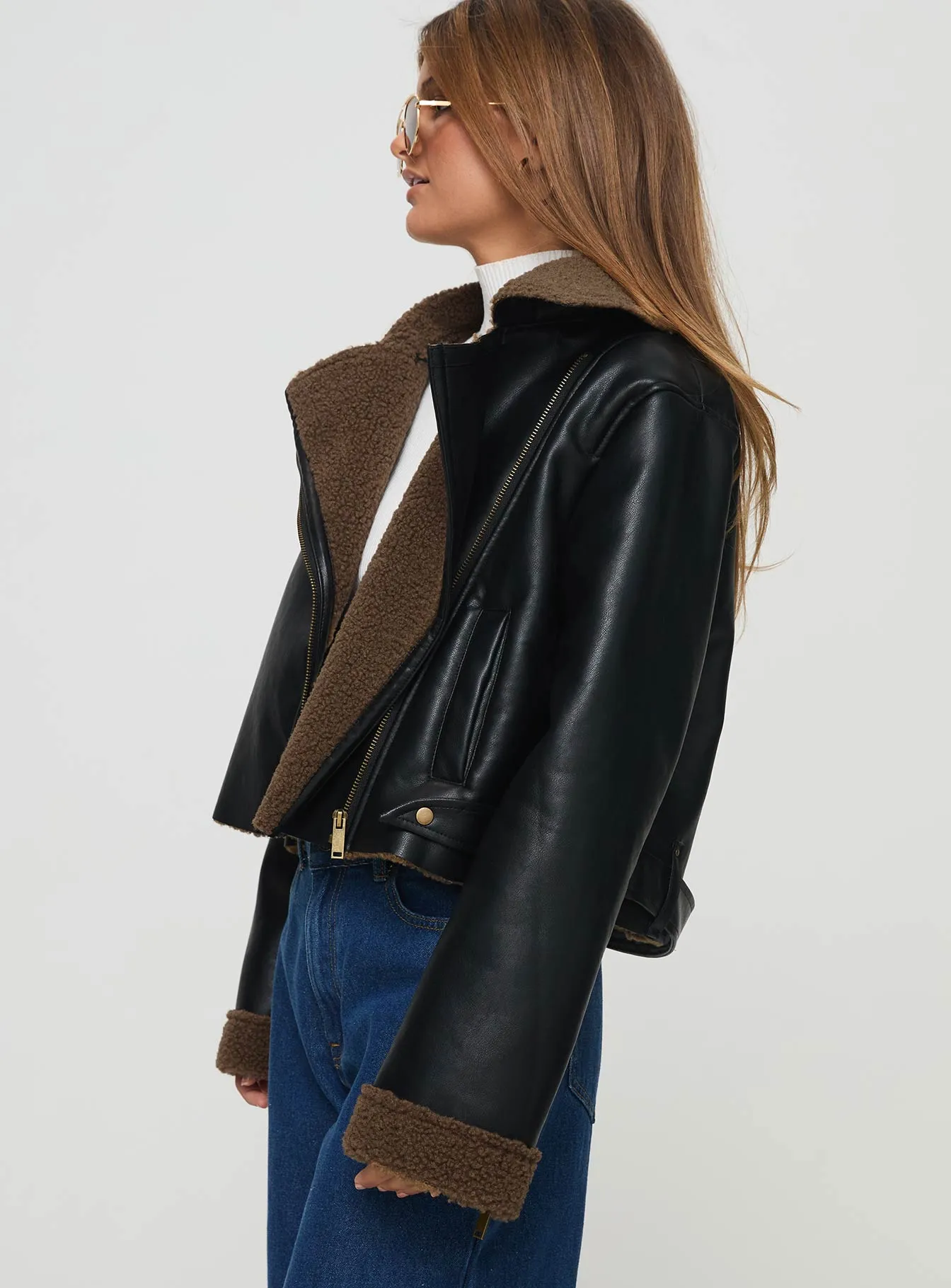 Fashionkova Shearling Trim Faux Leather Jacket Black