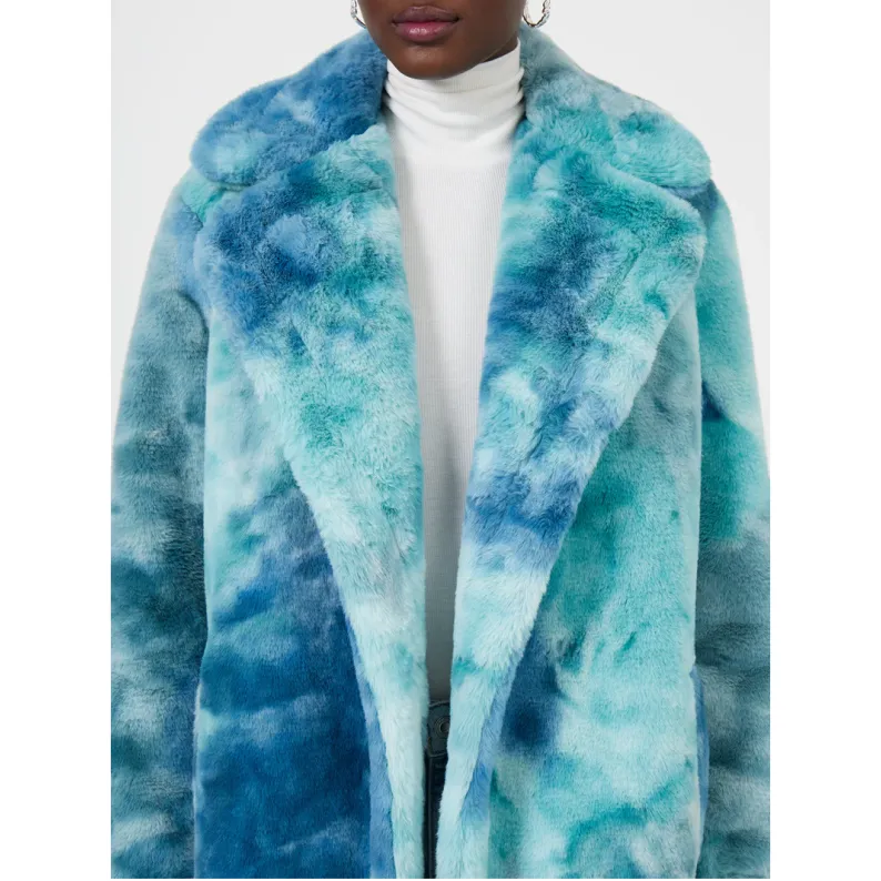 French Connection Buona Tie Dye Faux Fur Long Coat - Indigo Multi