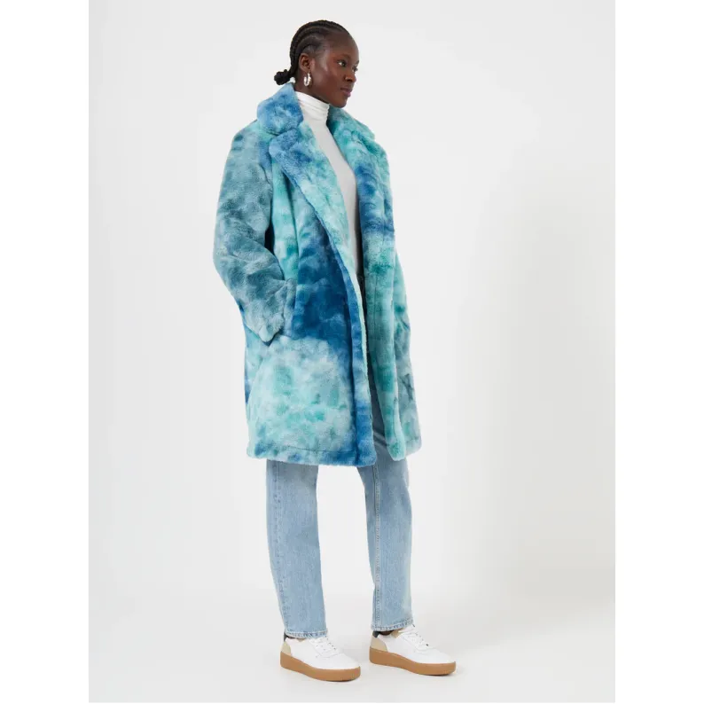 French Connection Buona Tie Dye Faux Fur Long Coat - Indigo Multi