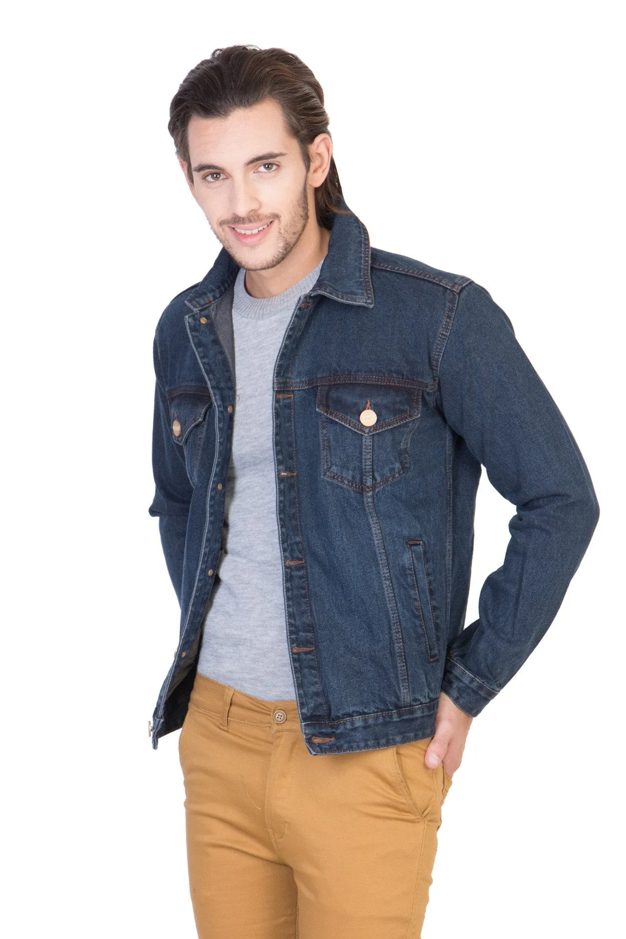 Full Sleeve Dark Blue Men's Denim Jacket with Brass Buttons