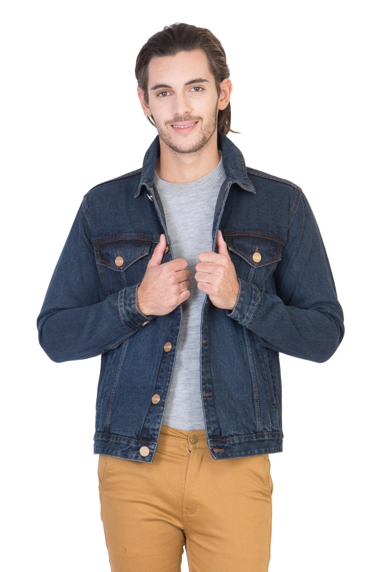 Full Sleeve Dark Blue Men's Denim Jacket with Brass Buttons