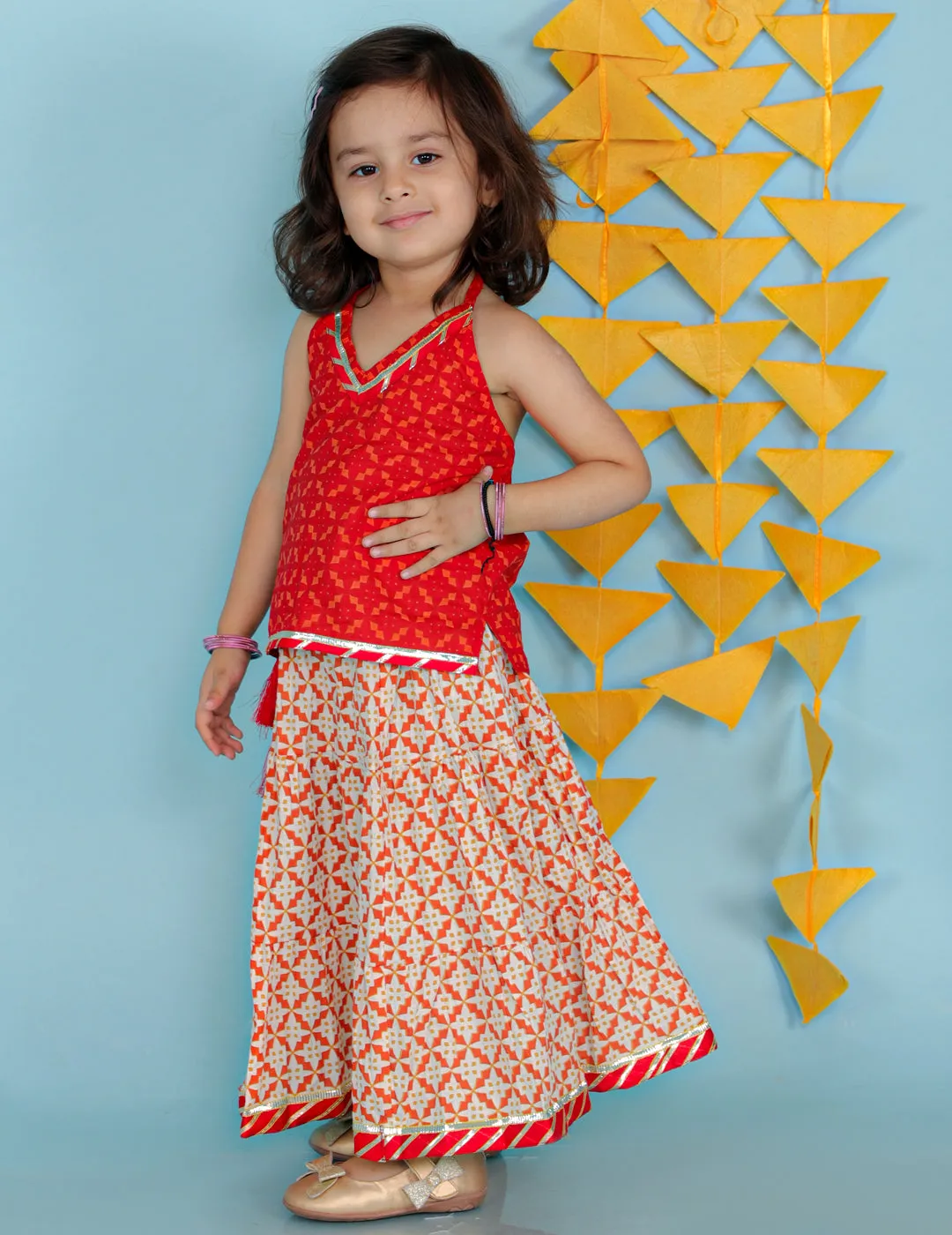 Girl's Red Color Fusion Wear Top With Long Skirt Set - KID1 Girls