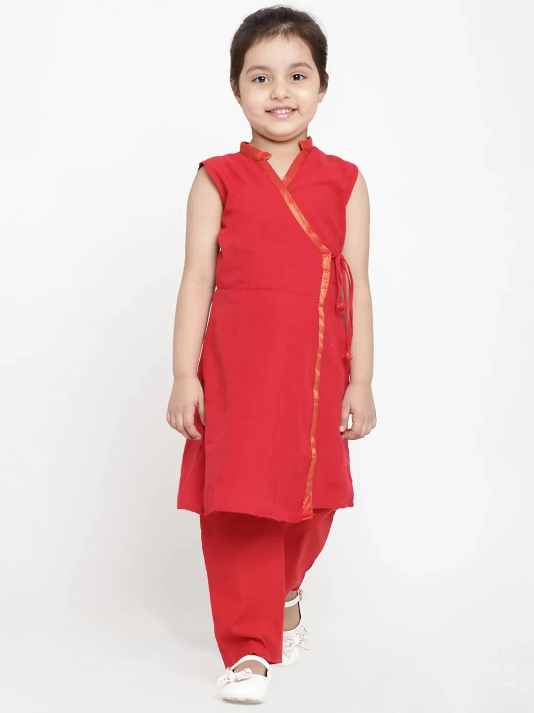 Girls Red Solid Kurti With Trousers