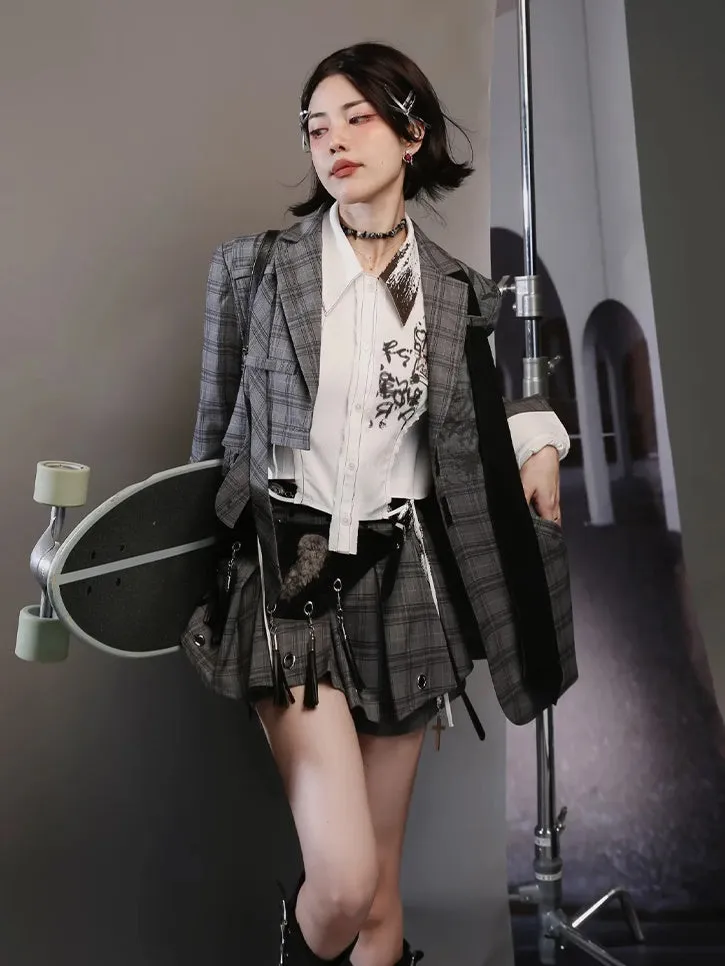 Graffiti Printed Plaid Loose Jacket ＆ Pleated Culottes & Vest ＆ Belt【s0000004001】