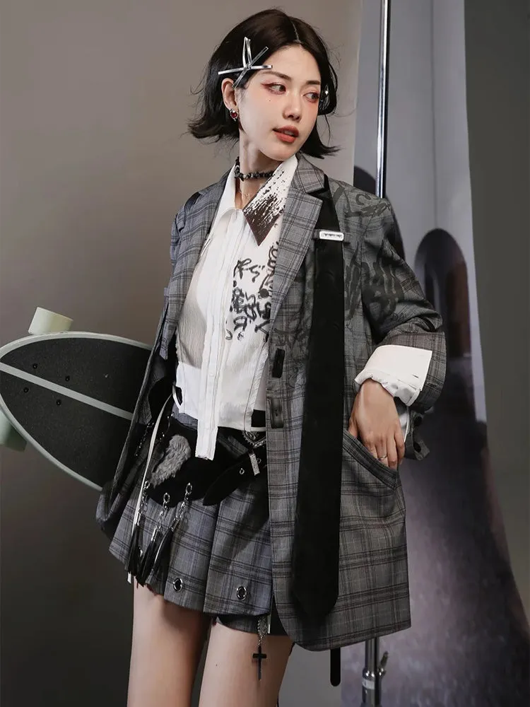 Graffiti Printed Plaid Loose Jacket ＆ Pleated Culottes & Vest ＆ Belt【s0000004001】