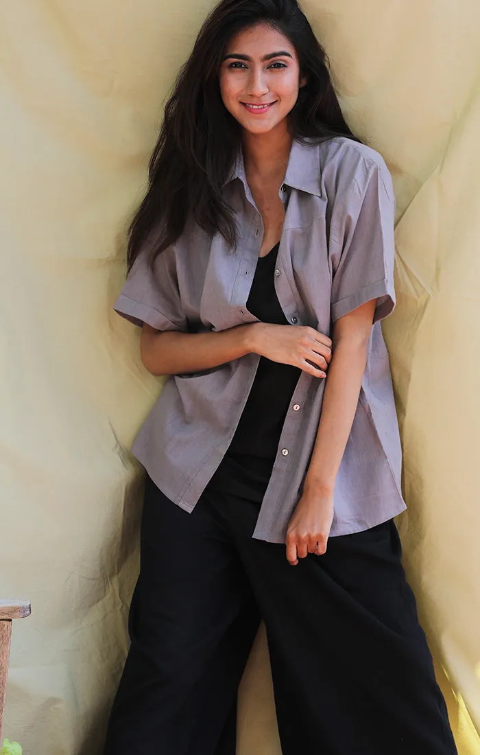 Handwoven Mul Shirt - Pale Grey / Fawn with Bamboo Tank top and culottes