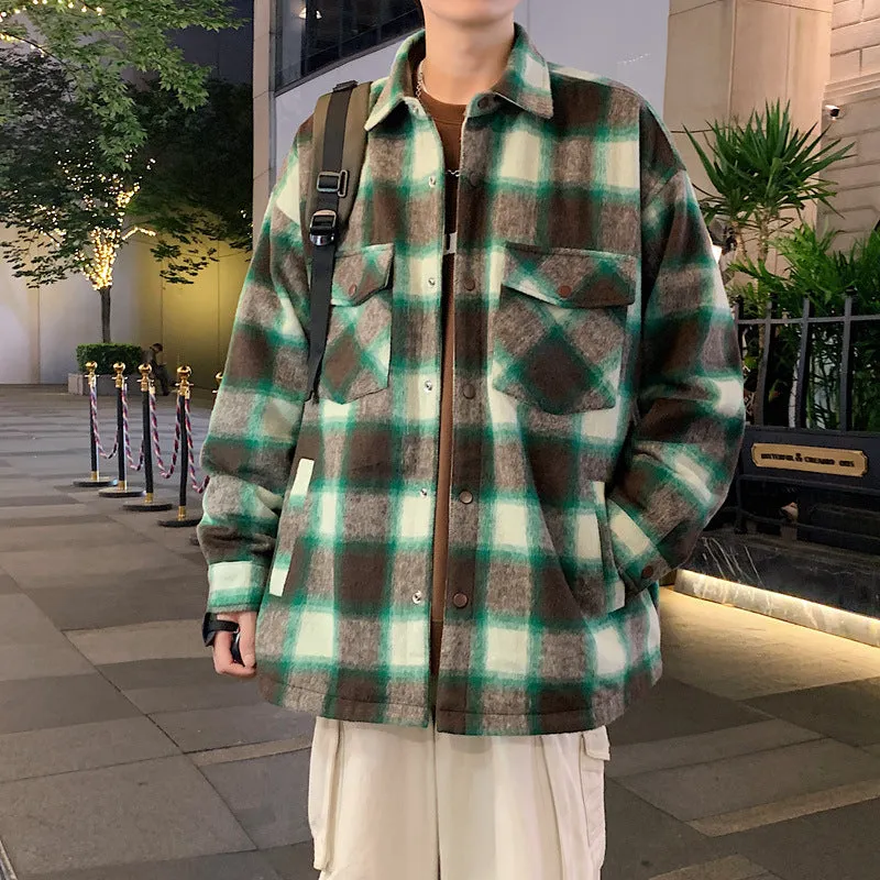 Jinquedai winter outfits men 2024 Couple's Autumn American Retro Woolen Plaid Shirt Brushed Casual Loose Jacket Jacket