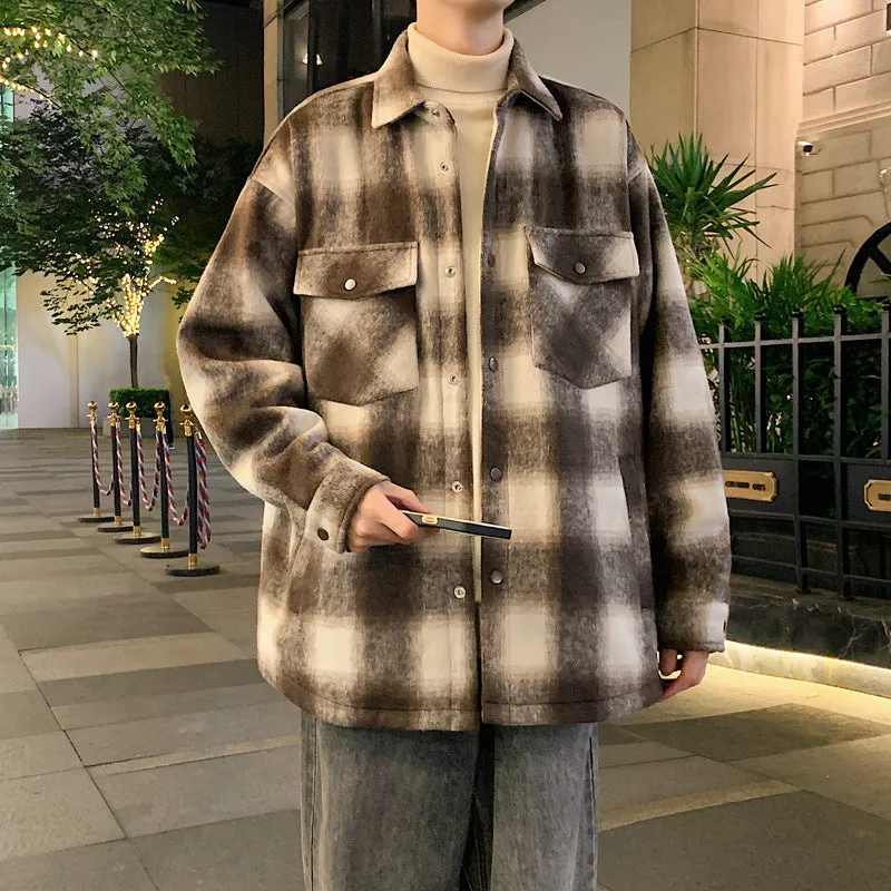 Jinquedai winter outfits men 2024 Couple's Autumn American Retro Woolen Plaid Shirt Brushed Casual Loose Jacket Jacket