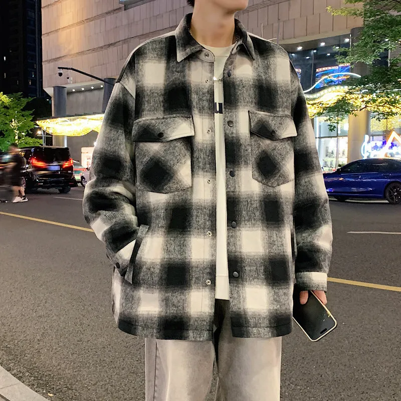 Jinquedai winter outfits men 2024 Couple's Autumn American Retro Woolen Plaid Shirt Brushed Casual Loose Jacket Jacket