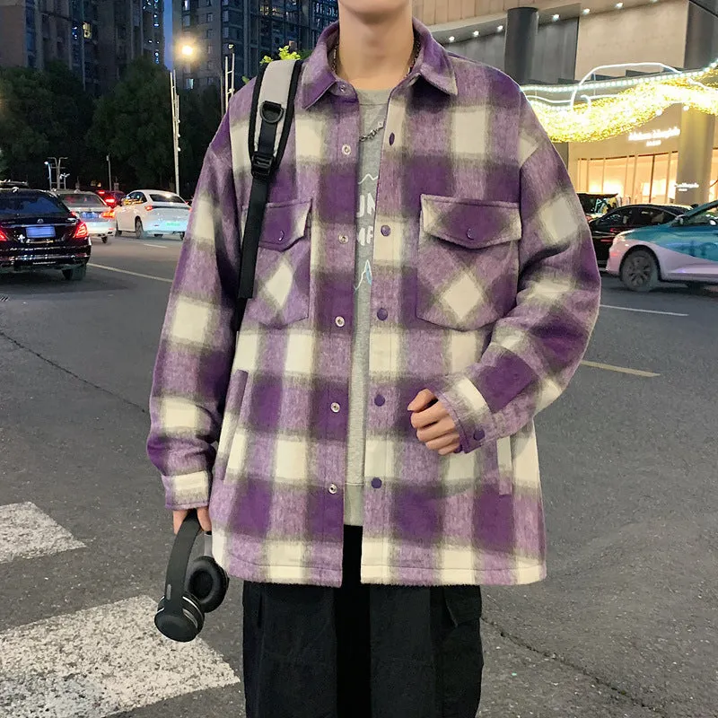 Jinquedai winter outfits men 2024 Couple's Autumn American Retro Woolen Plaid Shirt Brushed Casual Loose Jacket Jacket