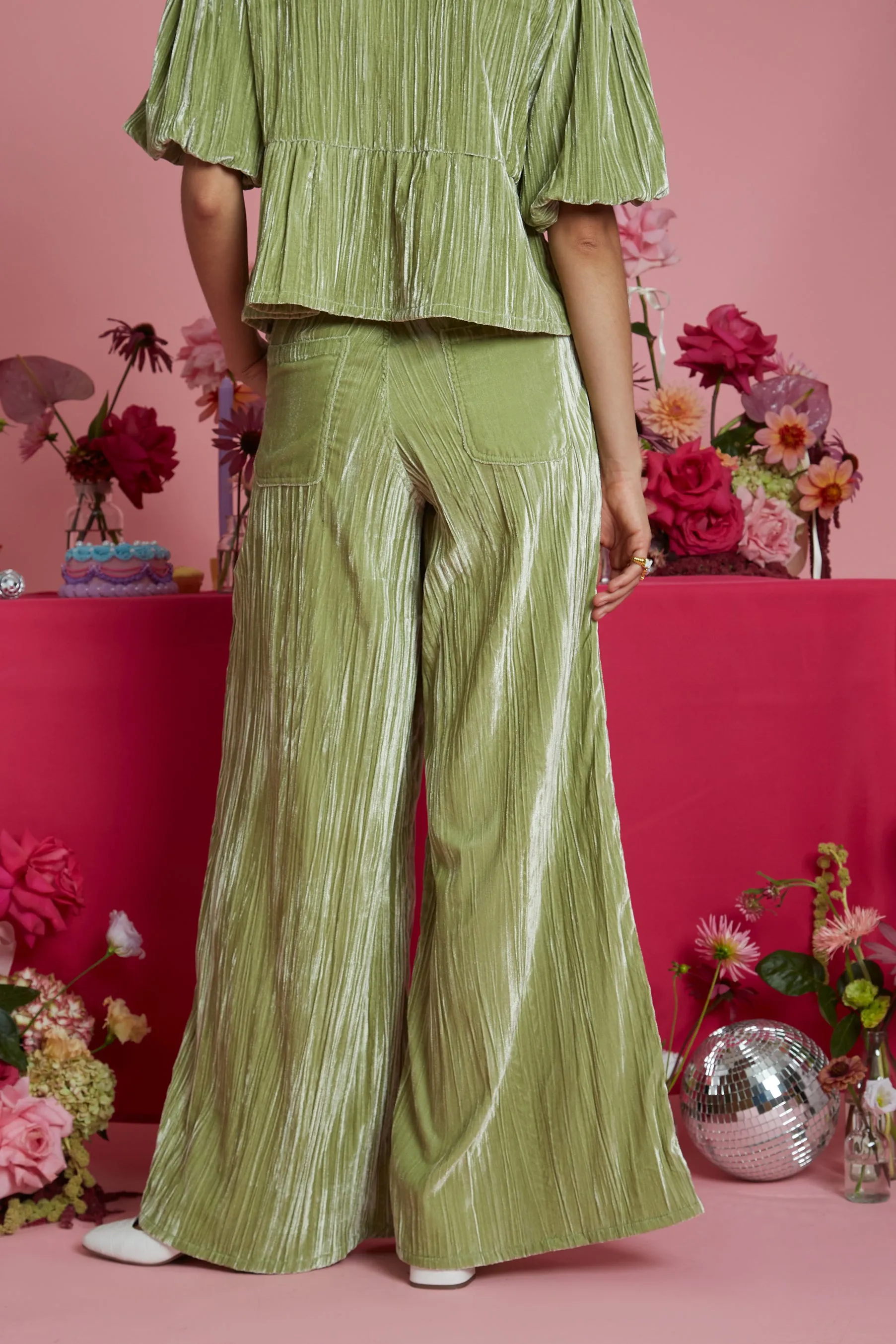 Jolene Crushed Velvet Green Wide Leg Trouser