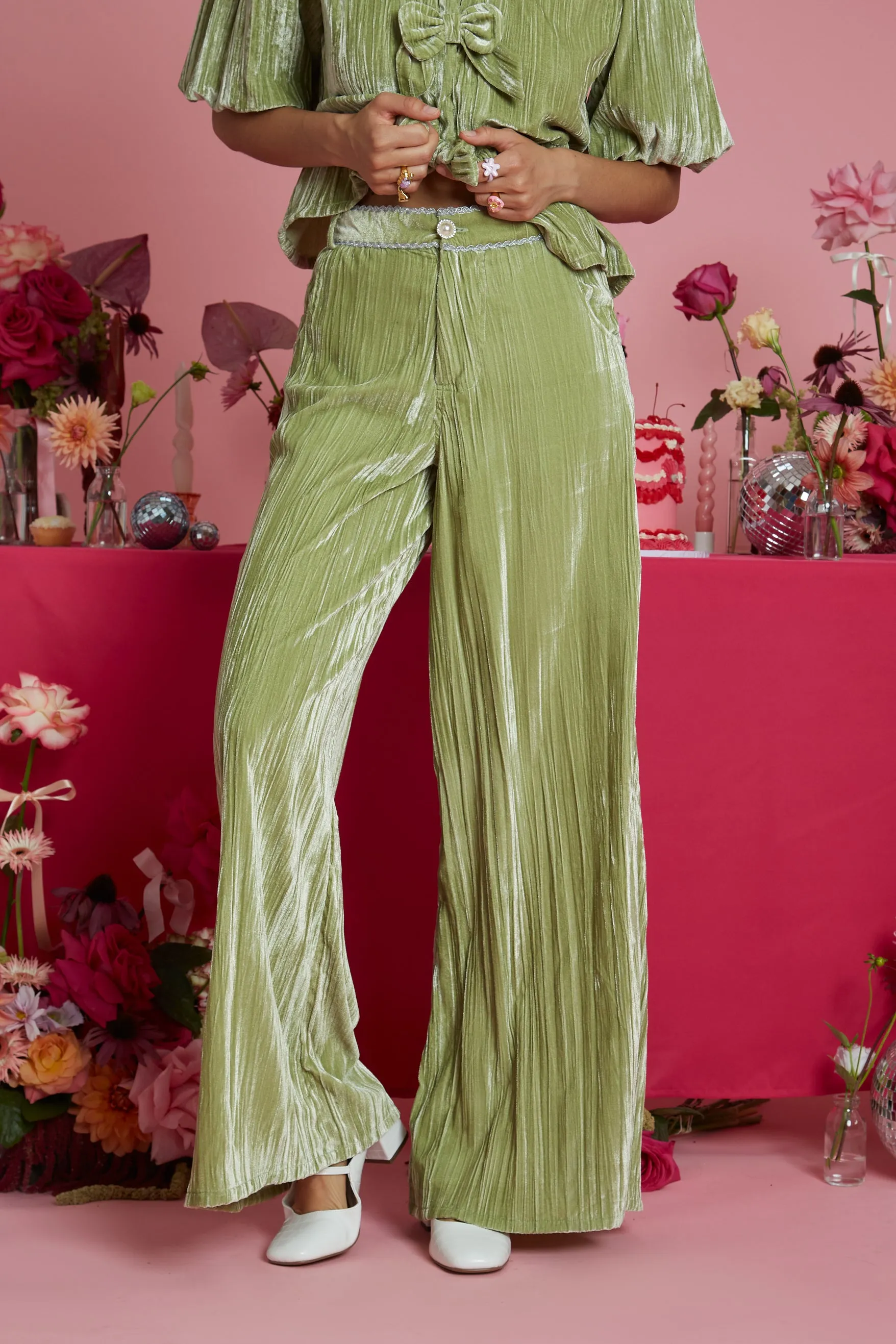 Jolene Crushed Velvet Green Wide Leg Trouser