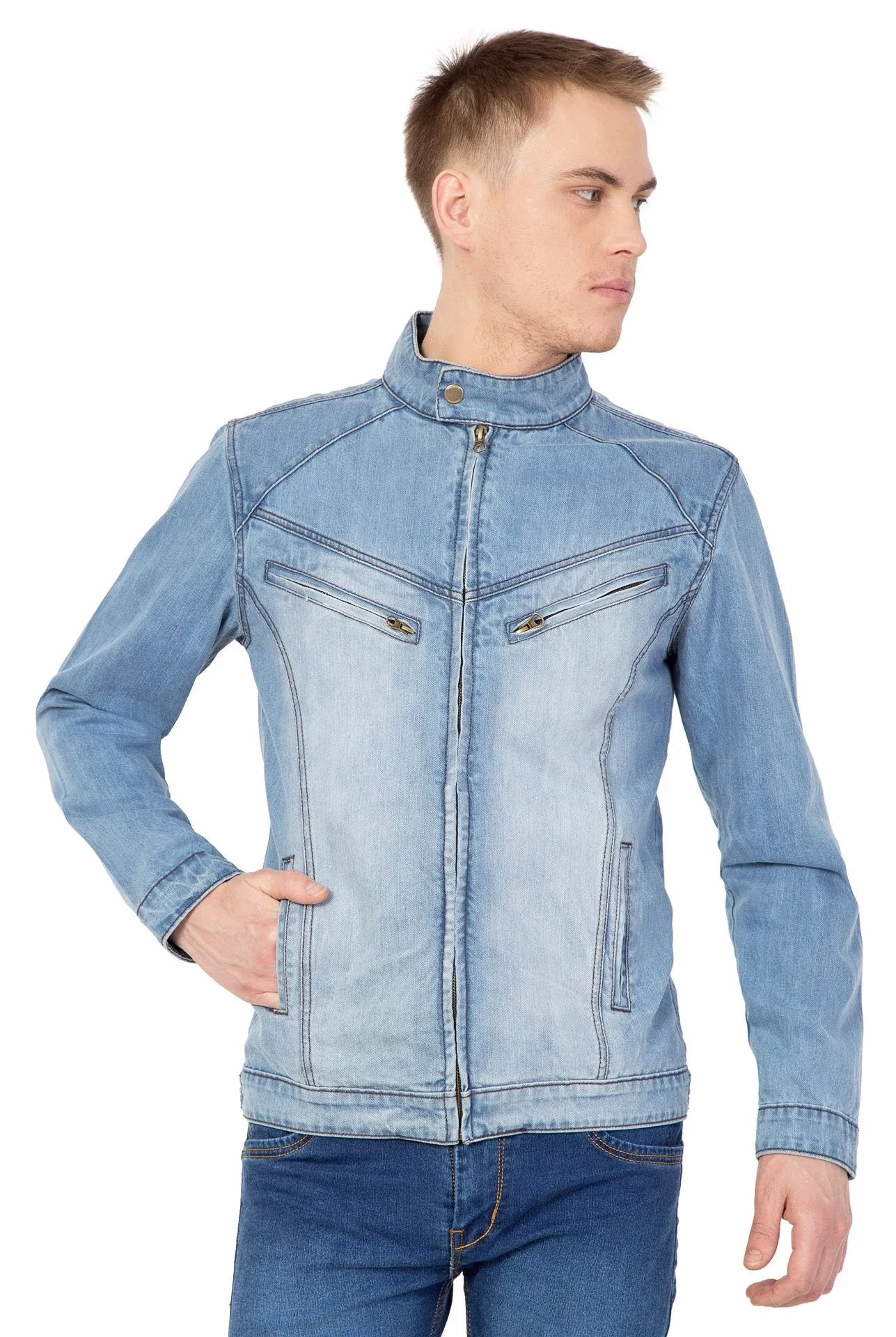 Krossstitch Full Sleeve Men's Denim blue Jacket with Zip Clouser