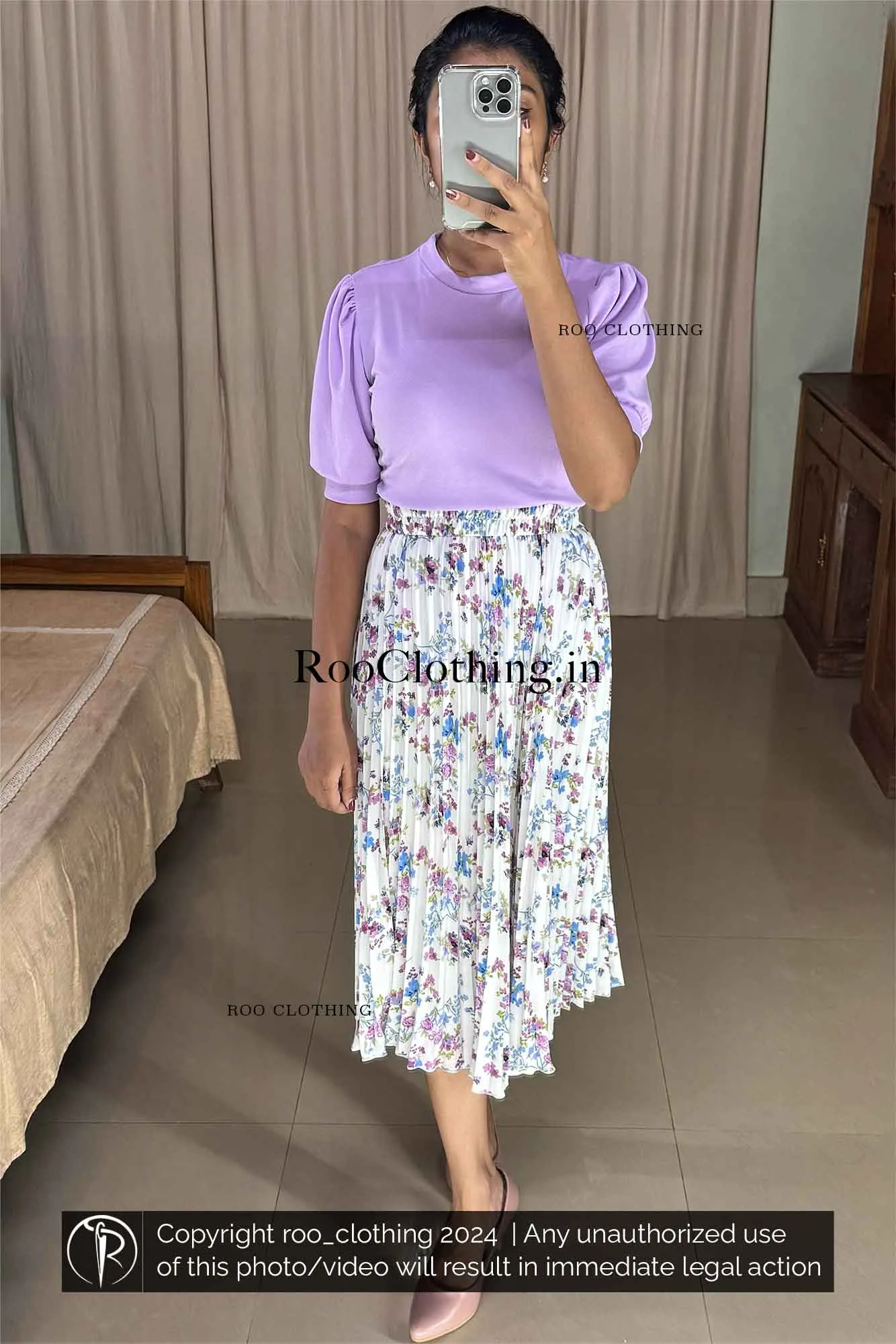 Lavender Crew Neck Puff Sleeves Top Only