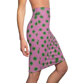 Lucky Pink Clover Pencil Skirt, Pink And Green Clover Leaf Print St. Patrick's Day Women's Pencil Skirt- Made in USA