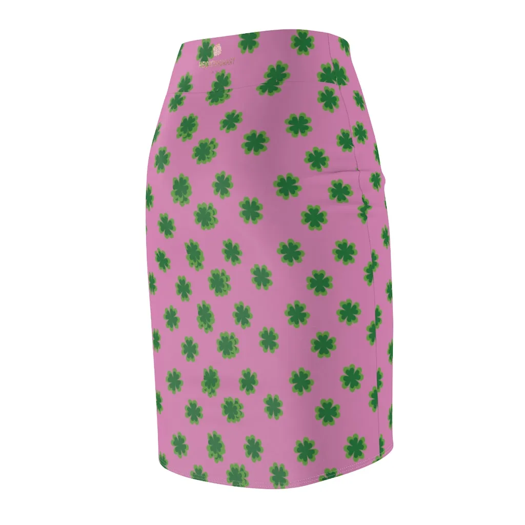 Lucky Pink Clover Pencil Skirt, Pink And Green Clover Leaf Print St. Patrick's Day Women's Pencil Skirt- Made in USA