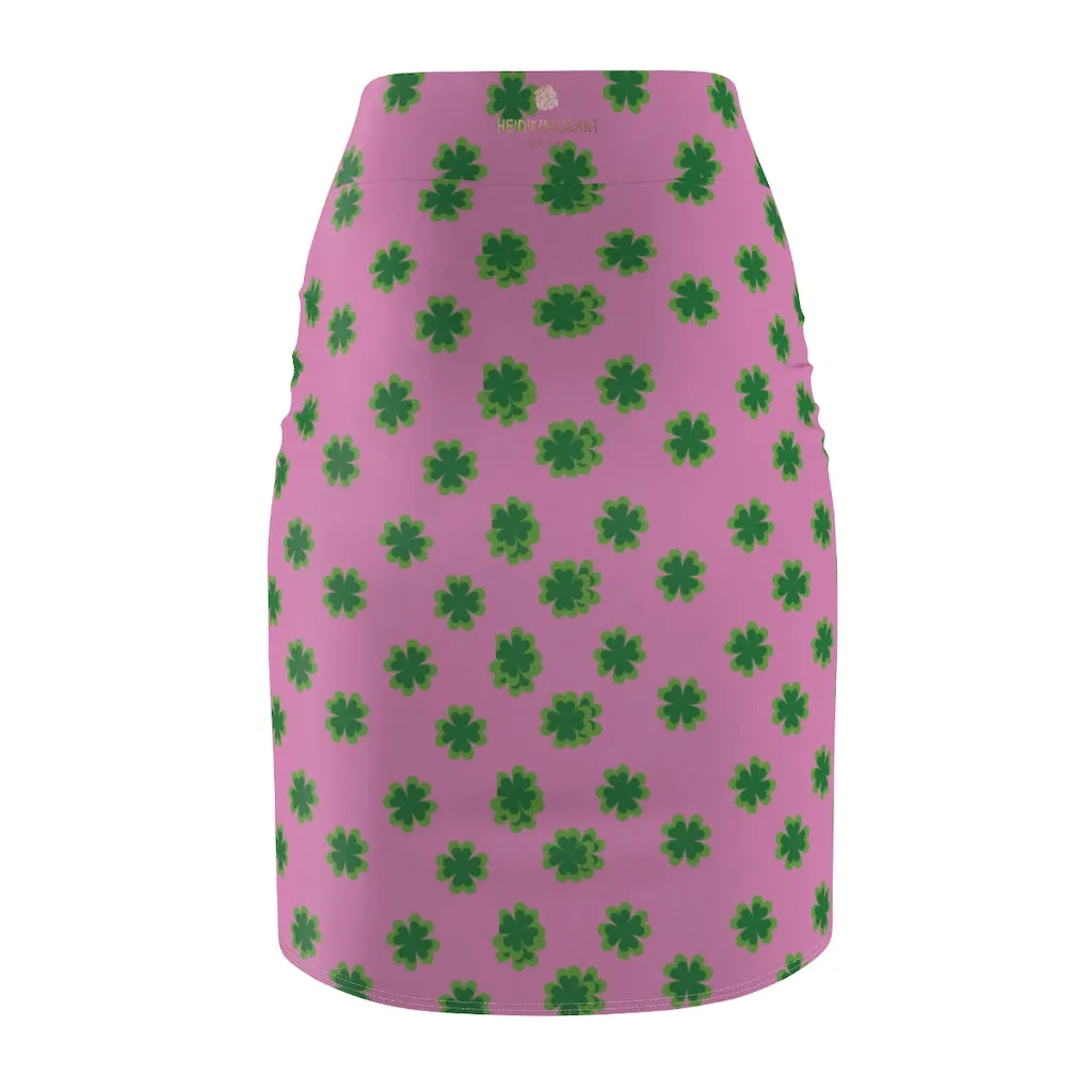 Lucky Pink Clover Pencil Skirt, Pink And Green Clover Leaf Print St. Patrick's Day Women's Pencil Skirt- Made in USA