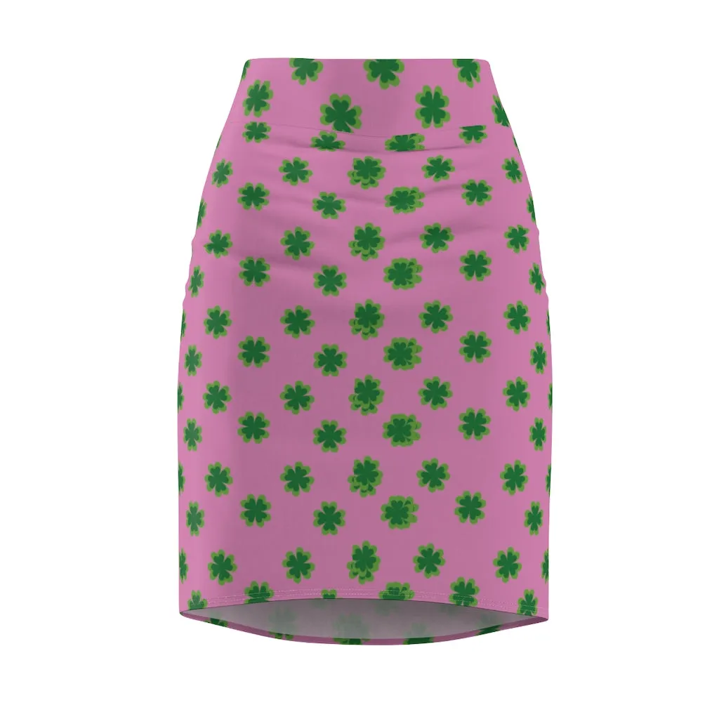 Lucky Pink Clover Pencil Skirt, Pink And Green Clover Leaf Print St. Patrick's Day Women's Pencil Skirt- Made in USA