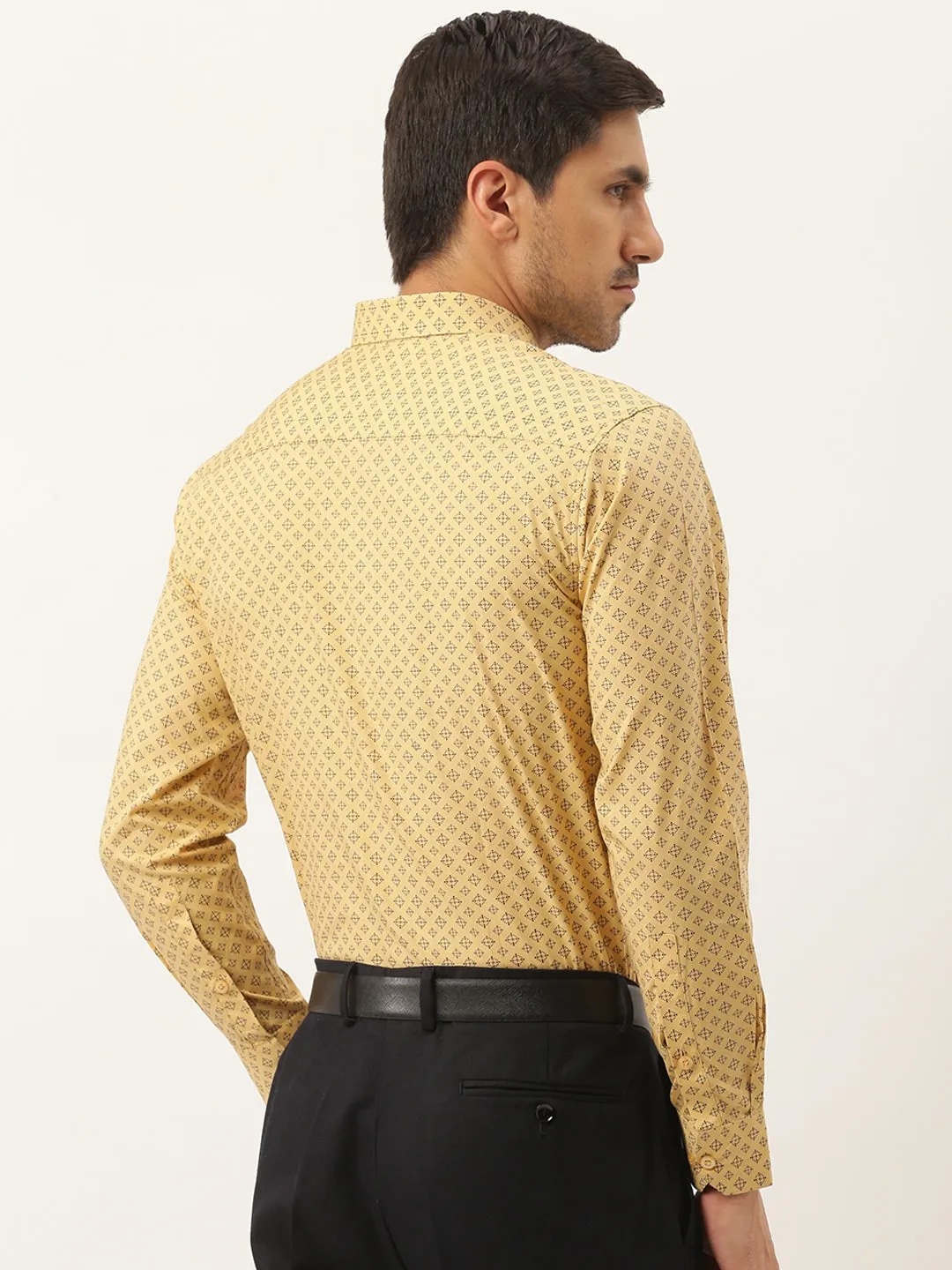 Mens Cotton Mustard & Navy Blue Printed Formal Shirt - Sojanya