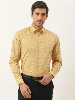 Mens Cotton Mustard & Navy Blue Printed Formal Shirt - Sojanya