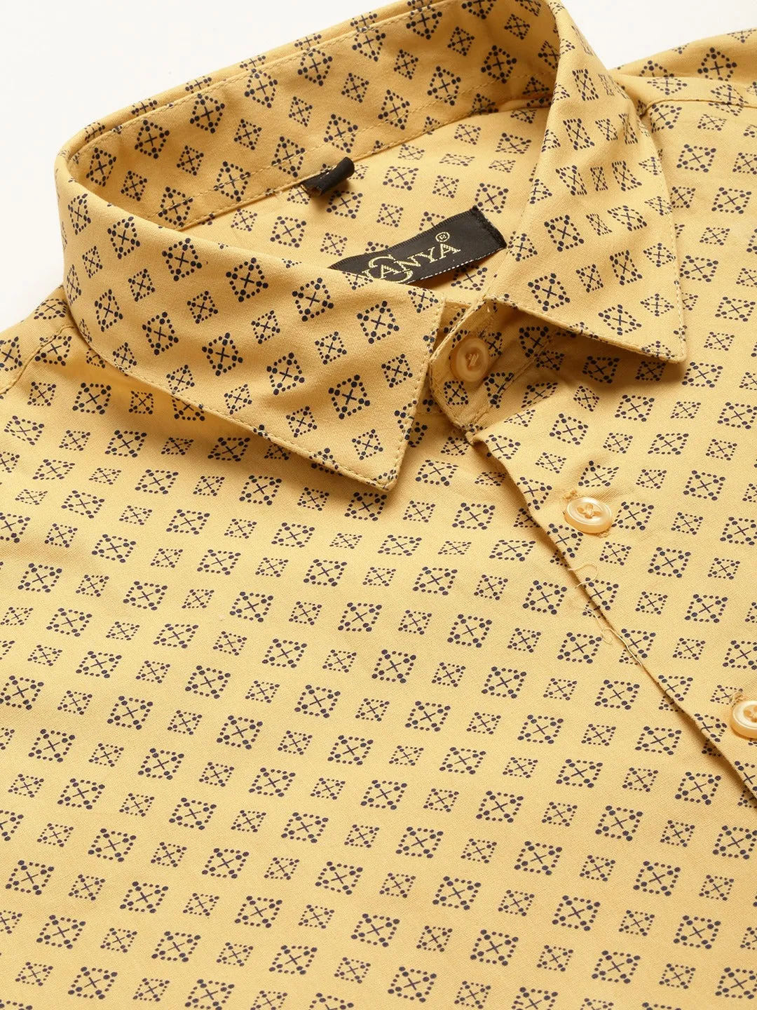 Mens Cotton Mustard & Navy Blue Printed Formal Shirt - Sojanya