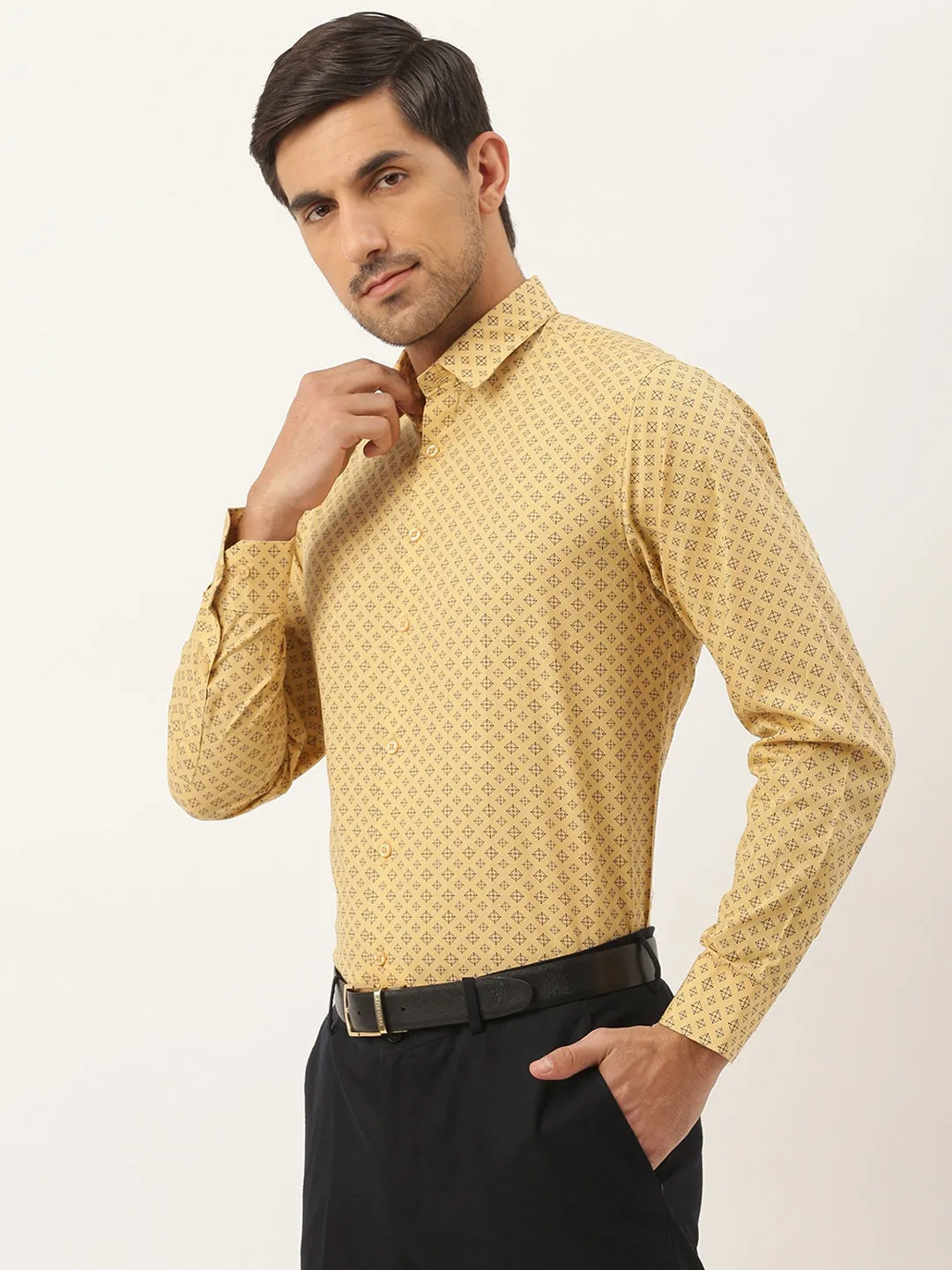 Mens Cotton Mustard & Navy Blue Printed Formal Shirt - Sojanya