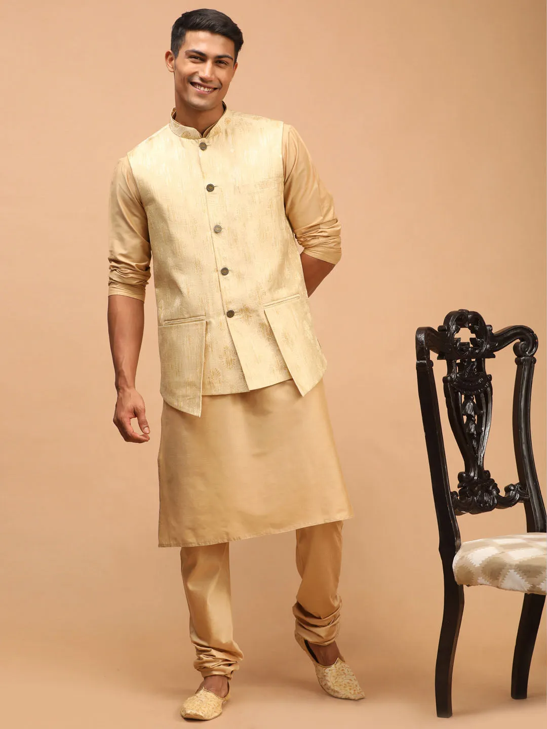 Men's Gold And Rose Gold Viscose Jacket, Kurta And Pyjama Set - Shrestha By Vastramay