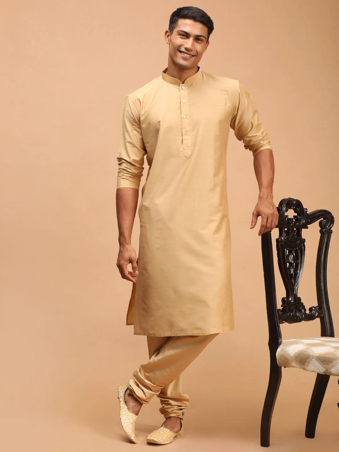 Men's Gold And Rose Gold Viscose Jacket, Kurta And Pyjama Set - Shrestha By Vastramay