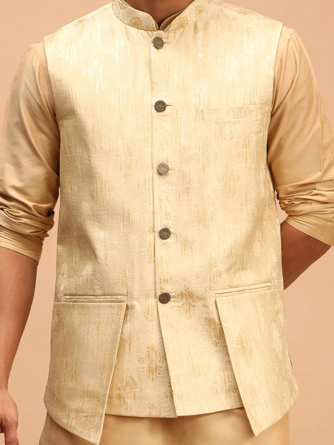 Men's Gold And Rose Gold Viscose Jacket, Kurta And Pyjama Set - Shrestha By Vastramay