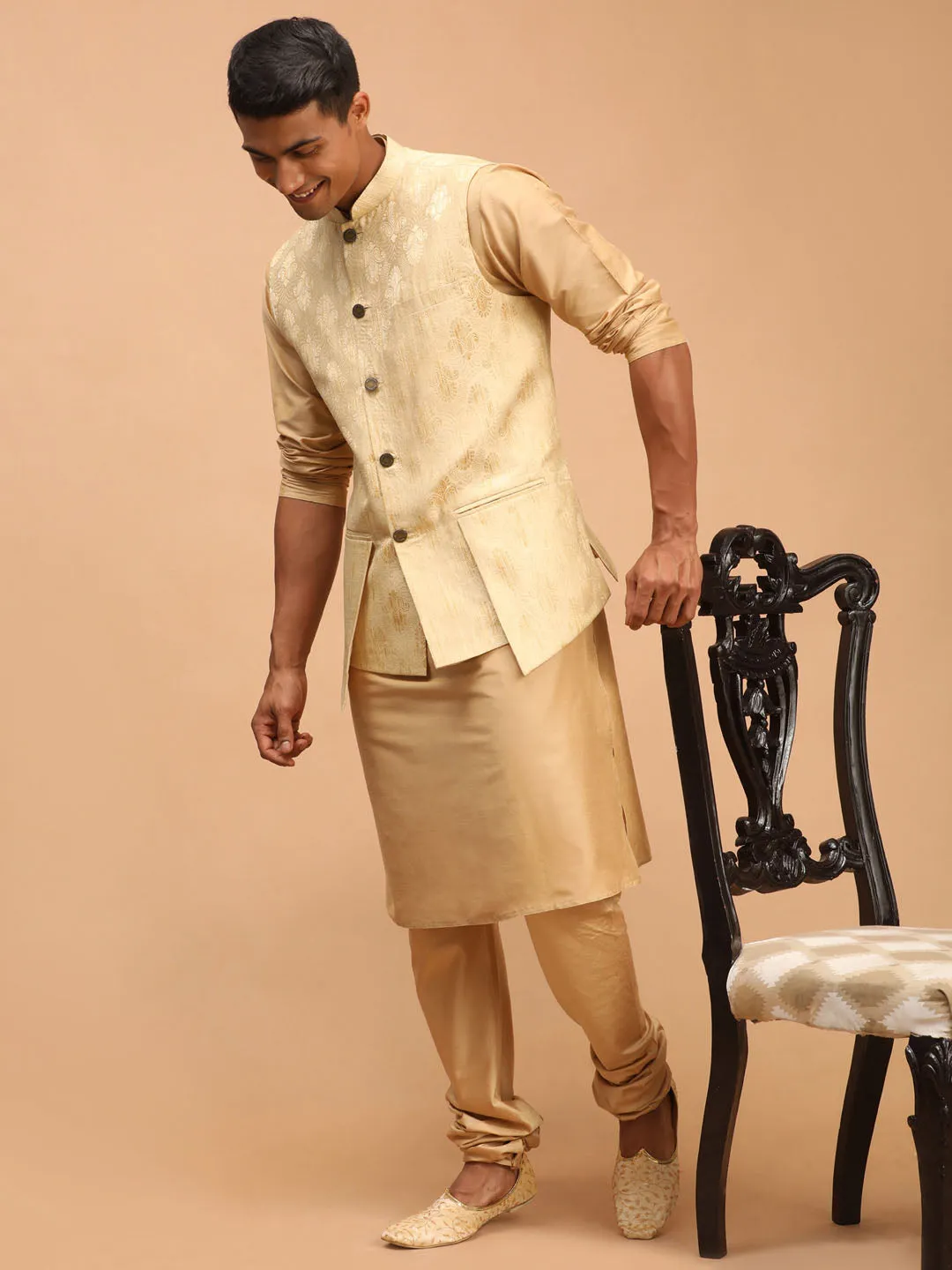 Men's Gold And Rose Gold Viscose Jacket, Kurta And Pyjama Set - Shrestha By Vastramay