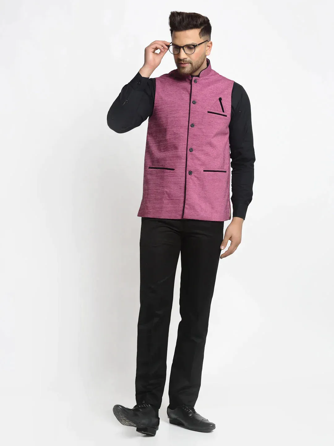 Men'S Purple Solid Nehru Jacket With Square Pocket