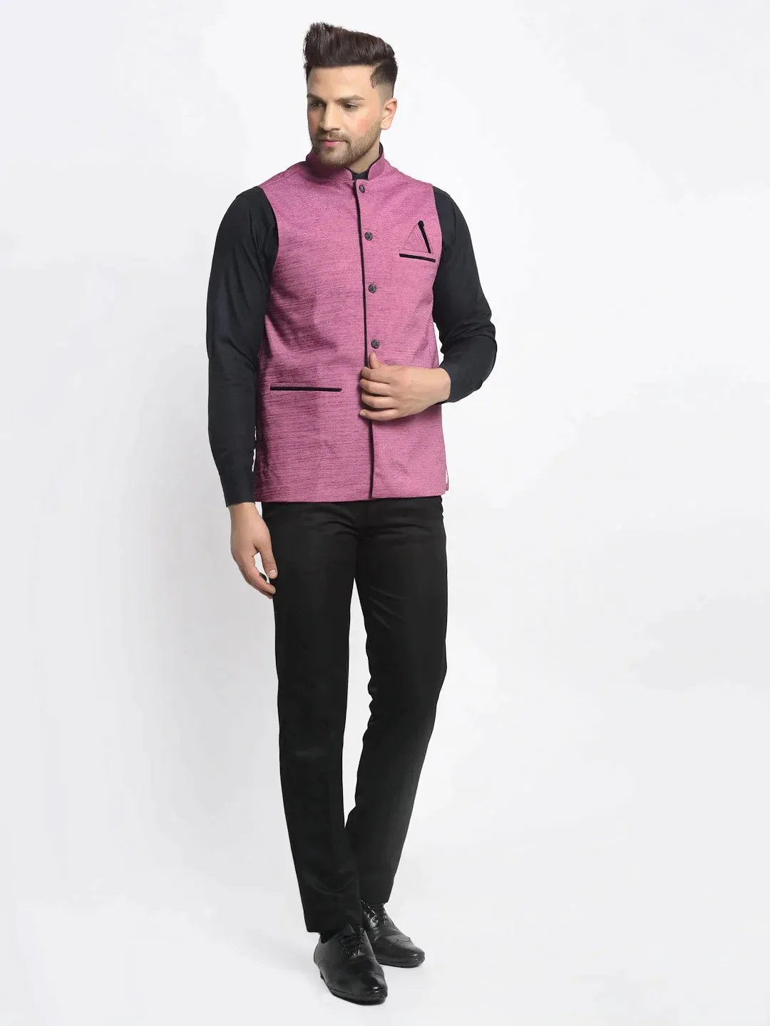 Men'S Purple Solid Nehru Jacket With Square Pocket