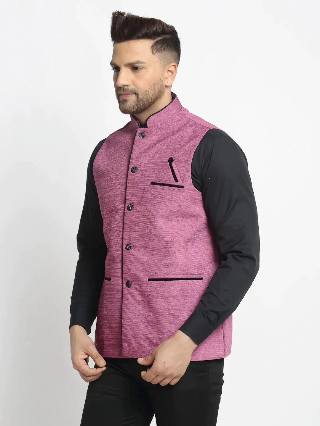 Men'S Purple Solid Nehru Jacket With Square Pocket