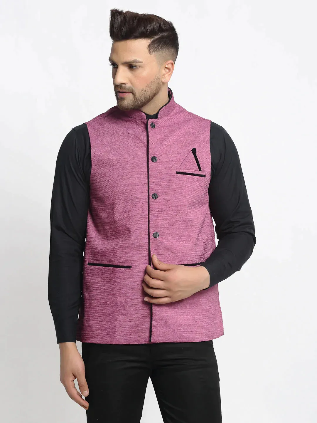 Men'S Purple Solid Nehru Jacket With Square Pocket