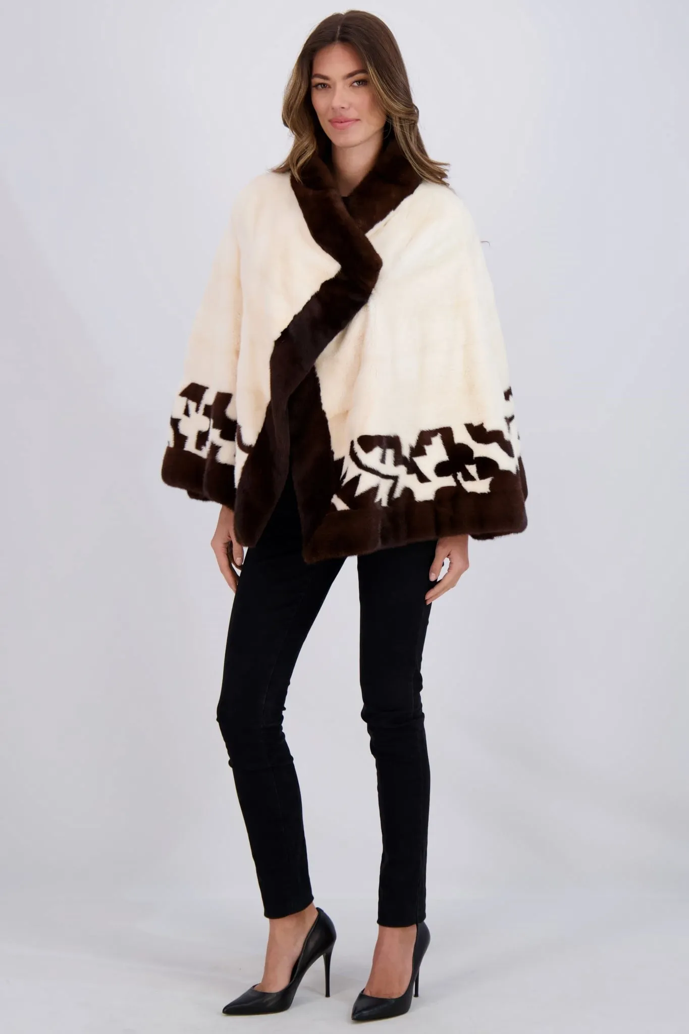 MINK ASYMMETRIC JACKET WITH STAND COLLAR, INTARSIA DETAIL