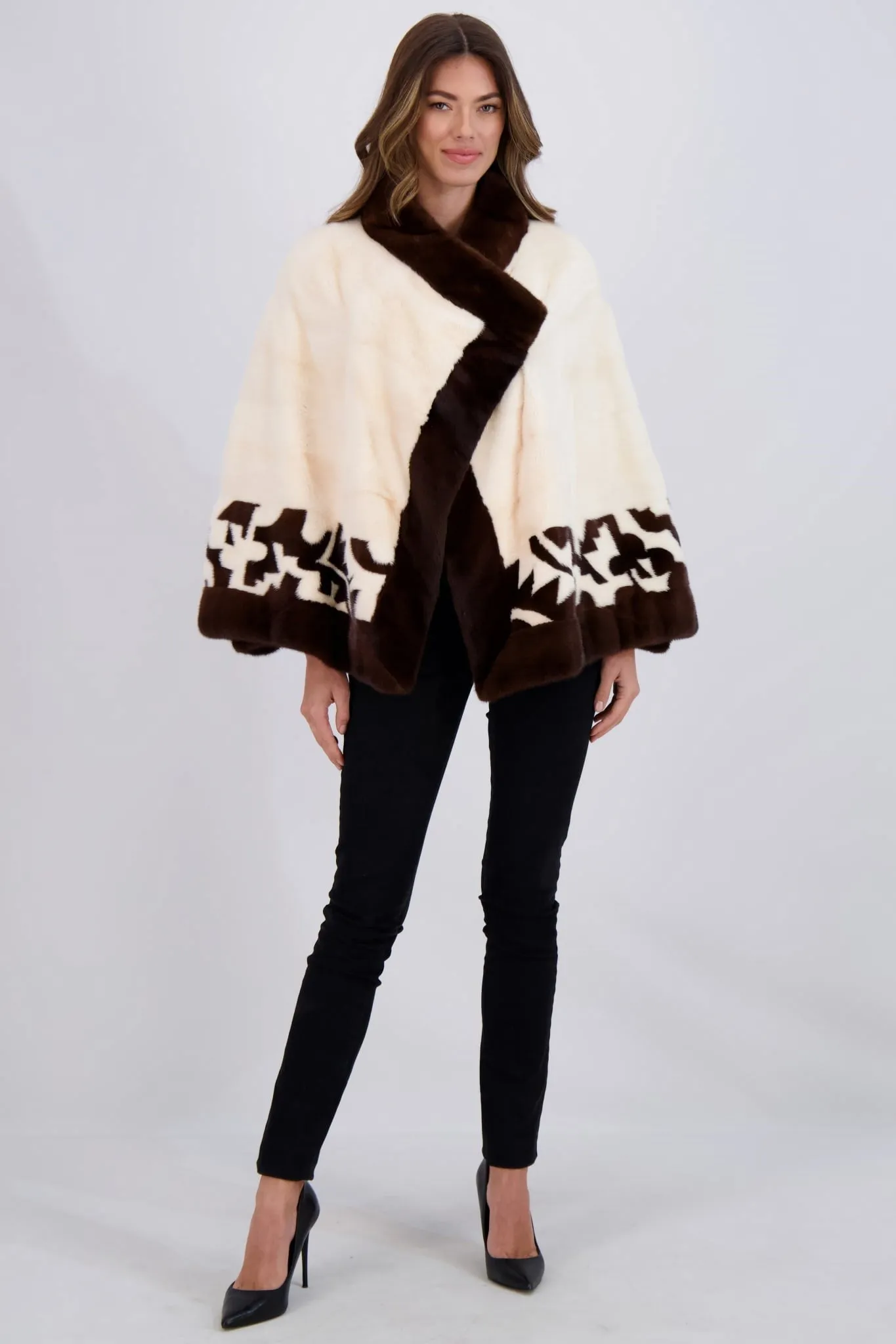 MINK ASYMMETRIC JACKET WITH STAND COLLAR, INTARSIA DETAIL