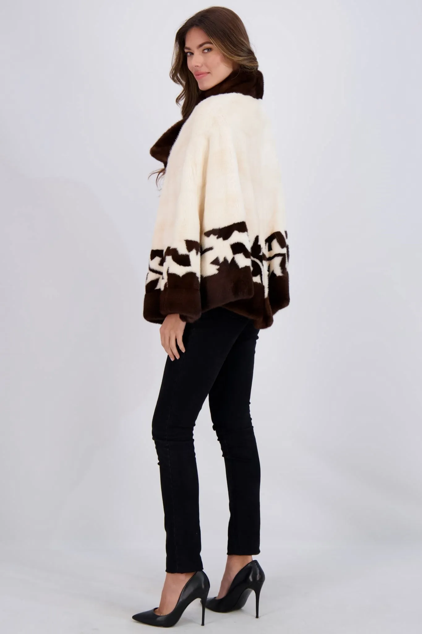 MINK ASYMMETRIC JACKET WITH STAND COLLAR, INTARSIA DETAIL