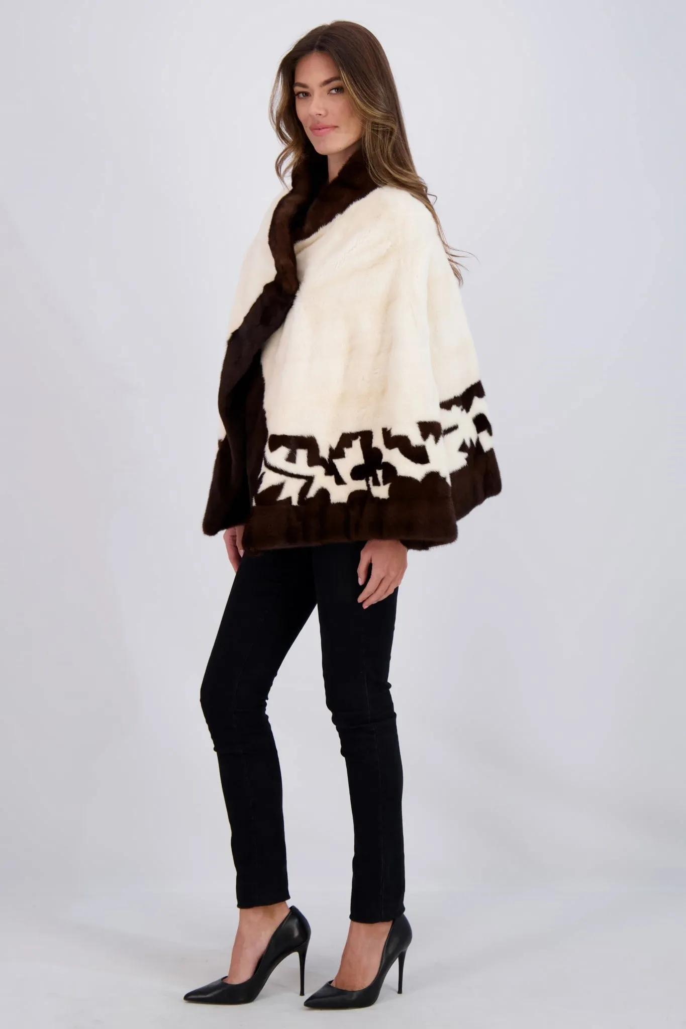 MINK ASYMMETRIC JACKET WITH STAND COLLAR, INTARSIA DETAIL