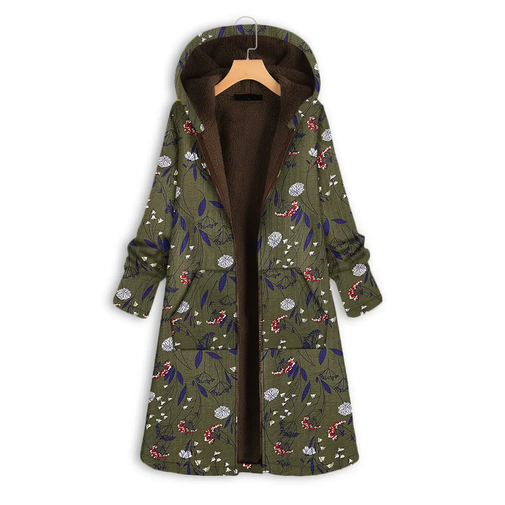 New autumn and winter thickened printing cross-border European and American women's clothing hooded slim-fitting long cotton-padded clothes wholesale warm jacket