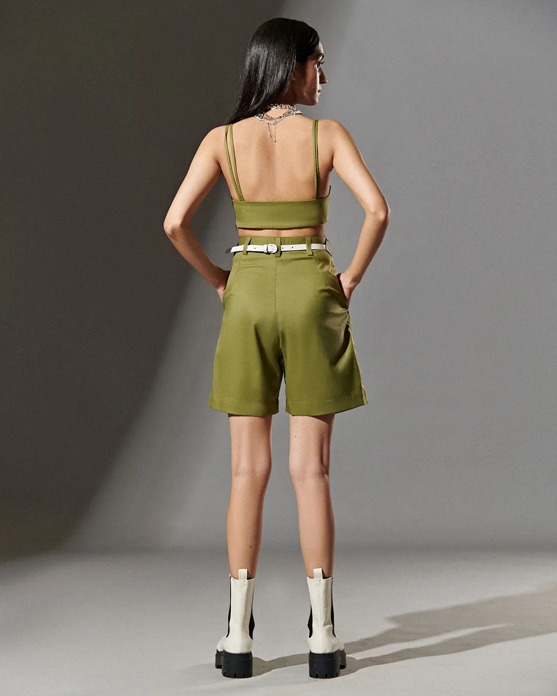 Olive Green Scalloped Crop Top With Shorts Co Ord Set