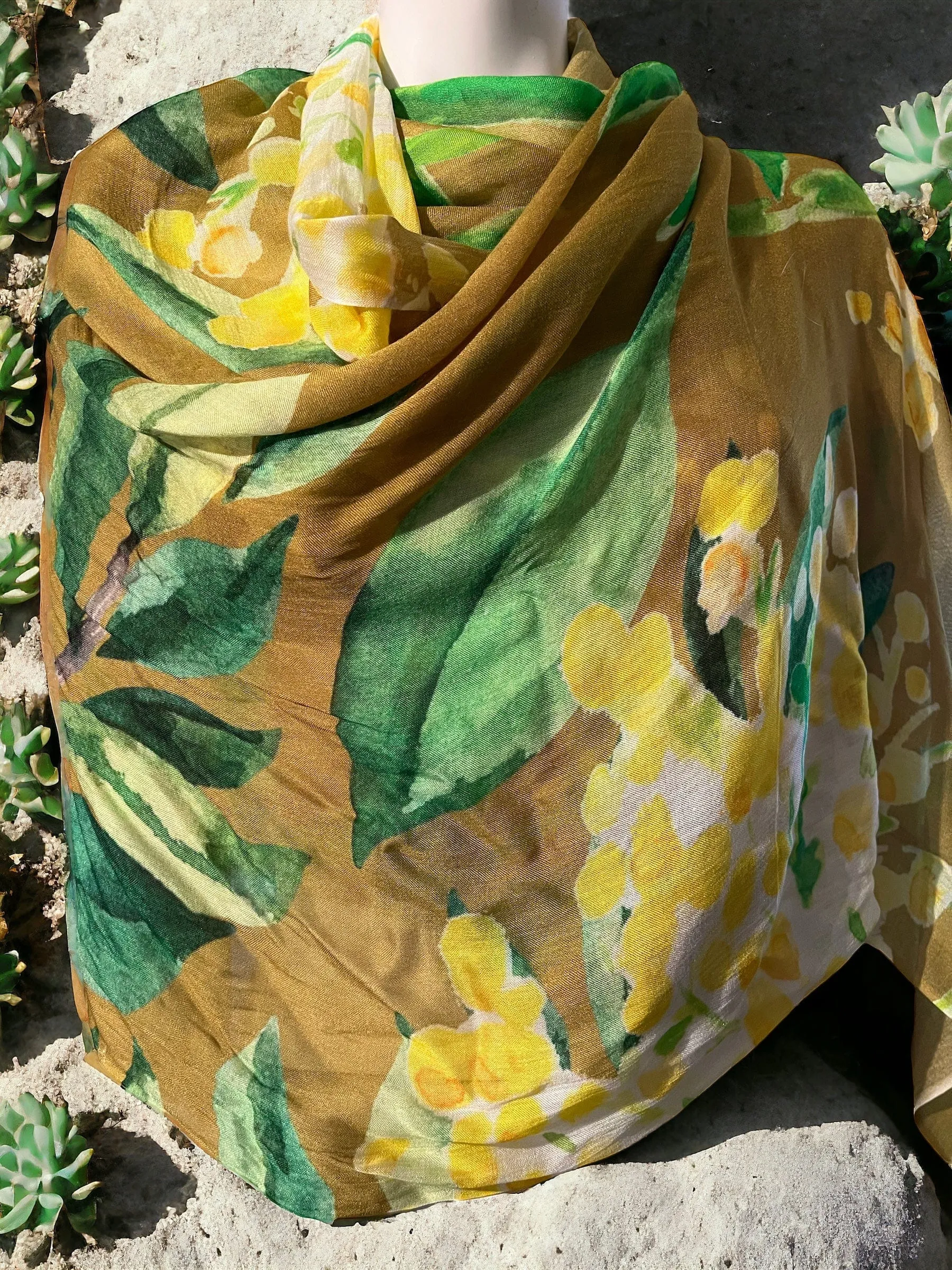 Olive green Scarf - Yellow Flowers - Handmade