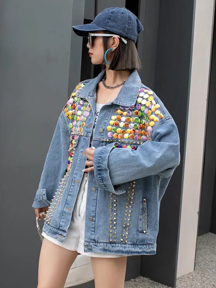 Patchwork Rivet Coat For Women Lapel Long Sleeve Loose Spliced Diamond Hit Color Streetwear Denim Jacket Female