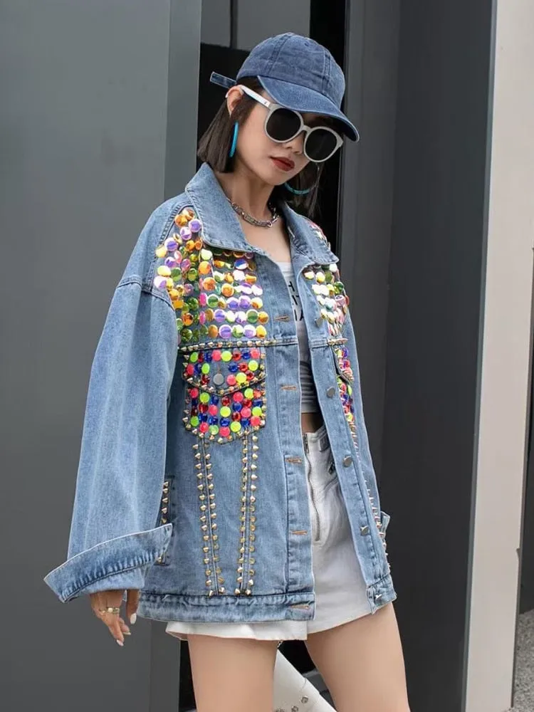 Patchwork Rivet Coat For Women Lapel Long Sleeve Loose Spliced Diamond Hit Color Streetwear Denim Jacket Female