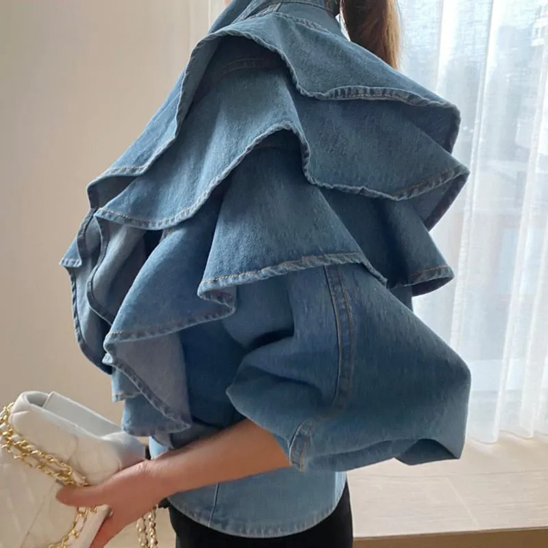 Patchwork Ruffle Tunic Shirt For Women V Neck Half Sleeve Denim Blouse Female Fashion Clothing Spring